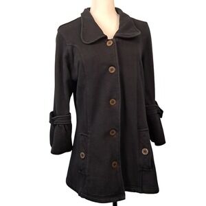 MIFRESIA L Navy Blue 100% Cotton Knit‎ Jacket Pockets Gathered Cuffs Funky Artsy
